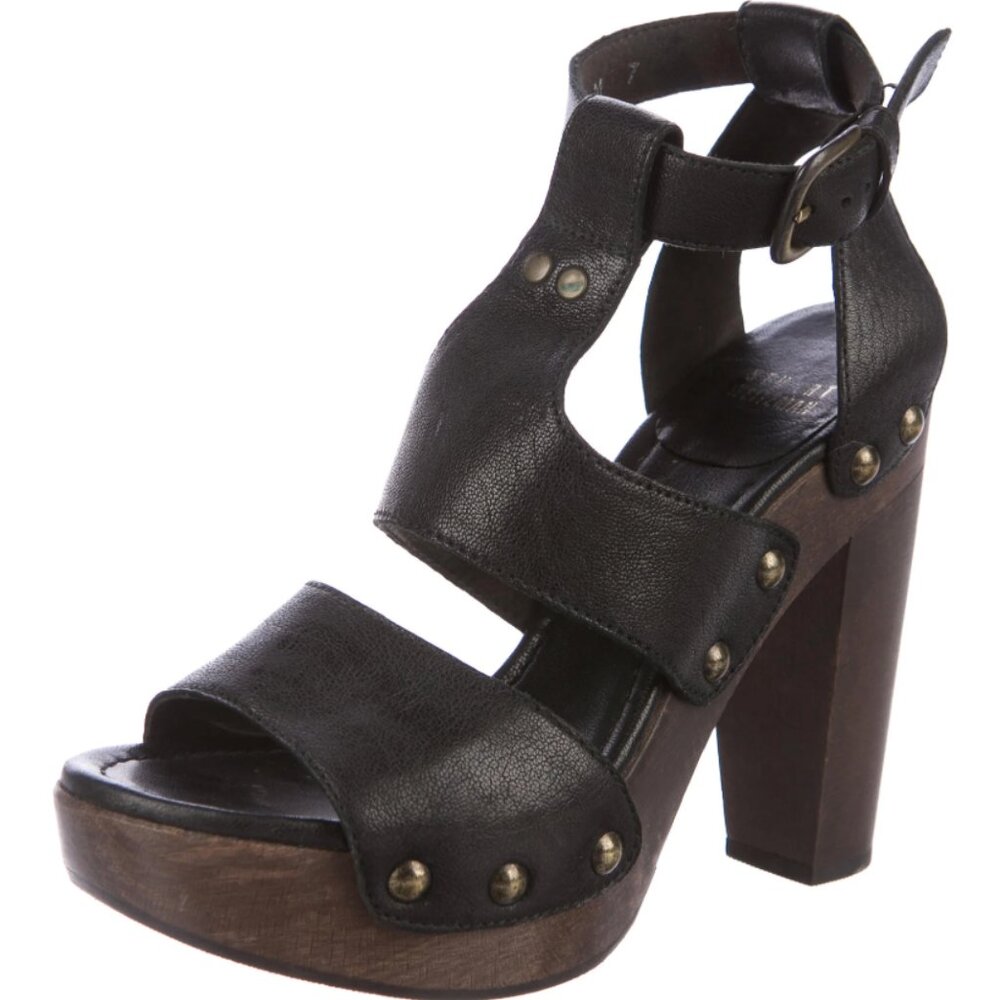 STUART WEITZMAN Women's Black Leather Wood Heels Studded Sandals US 7.5